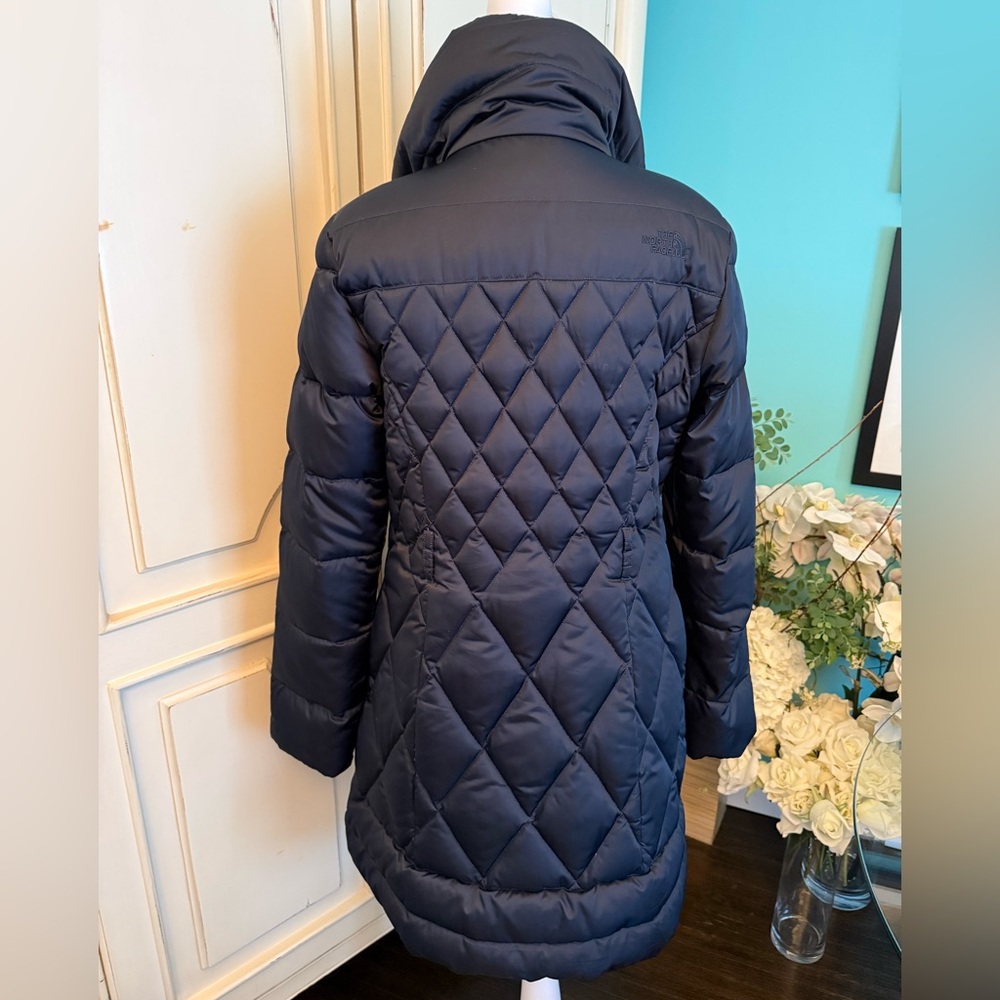 Women’s The NORTHFACE 3/4 length Navy zip jacket hood in collar Sz M - Picture 5 of 16